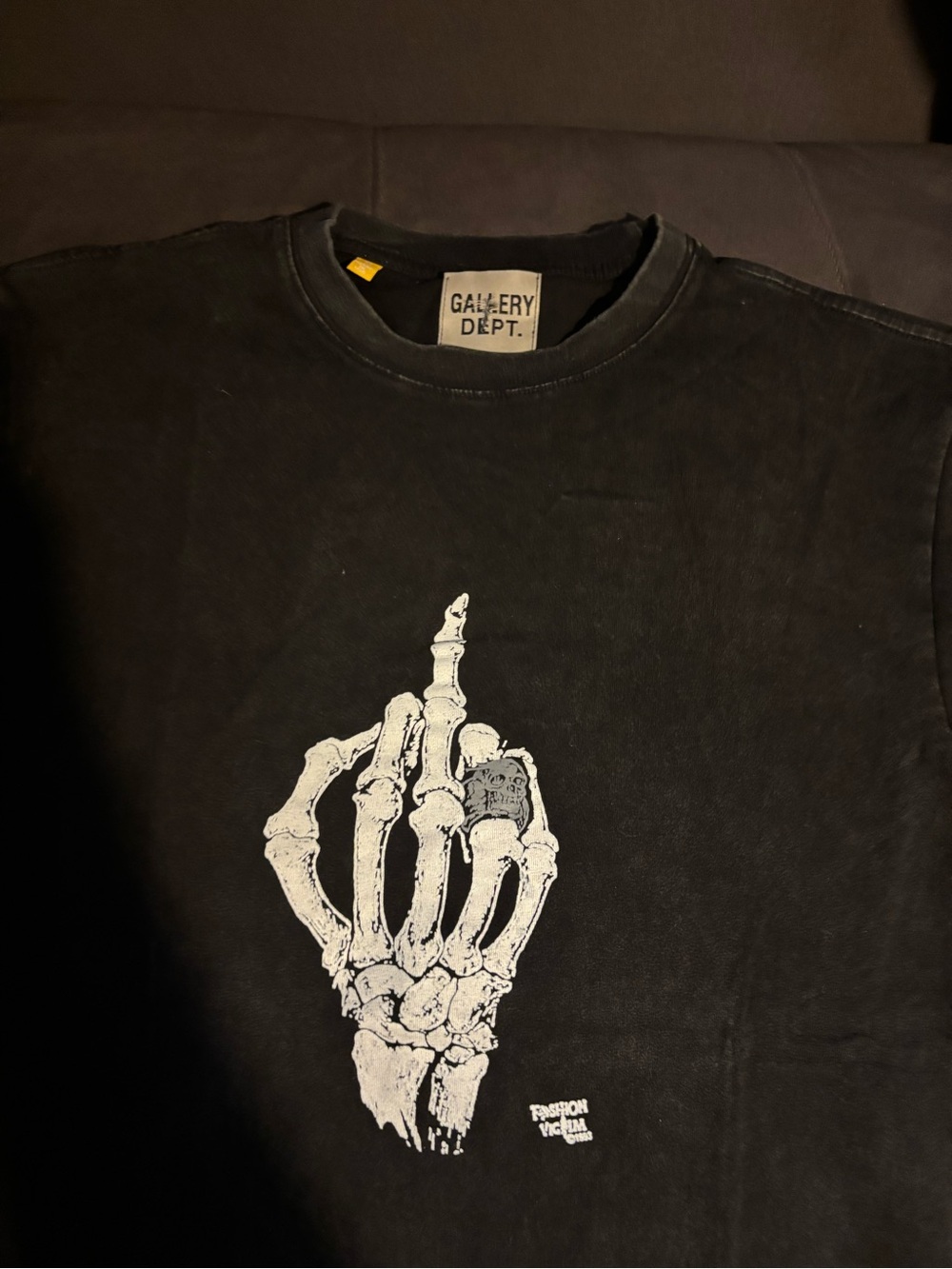 Gallery Dept Black Short Sleeve Shirt with White Skeleton Middle Finger Graphic